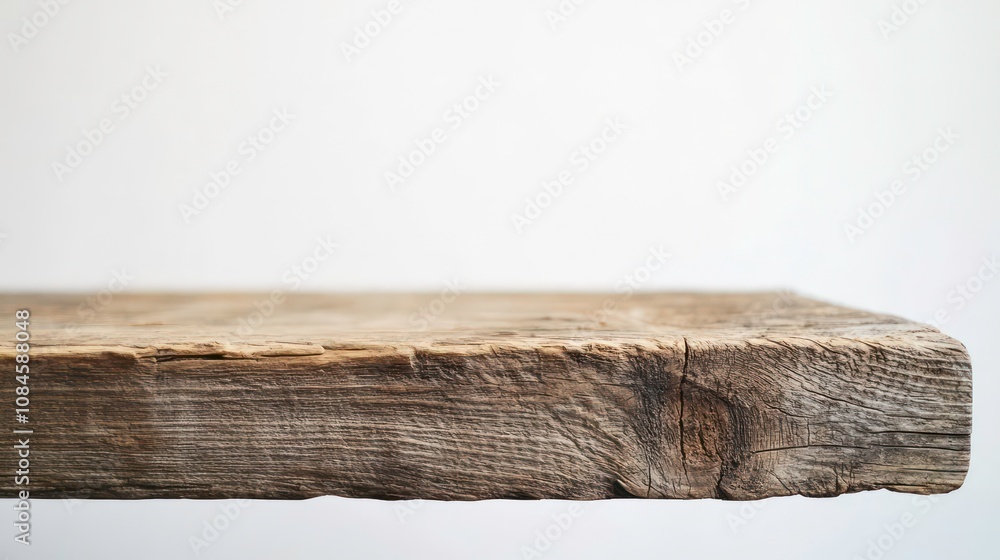 Close-up of a rustic wooden shelf against a white background. Close-up of a rustic wooden shelf against a white background.