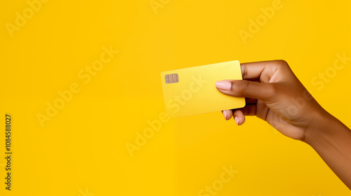 Hand holding a yellow credit card on a vibrant background