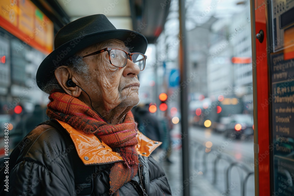 An elderly man stands at a bus stop on a rainy day, wearing a hat and scarf. He gazes thoughtfully at the bustling city streets, surrounded by blurred city lights and reflections An elderly man stands at a bus stop on a rainy day, wearing a hat and scarf. He gazes thoughtfully at the bustling city streets, surrounded by blurred city lights and reflections