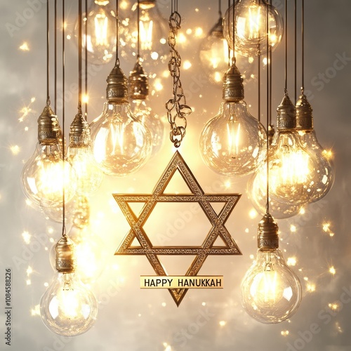 Happy Hanukkah Card with Star of David Light Bulbs, Winter Holidays, Festival of Lights, AI Generated photo