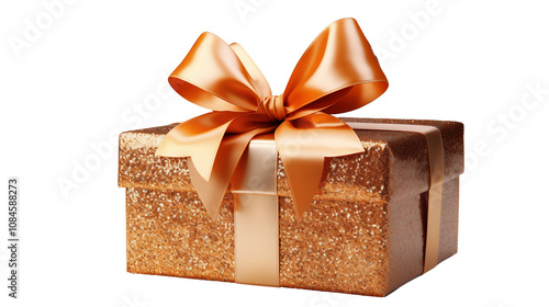 A sparkling orange gift box with glitter and a colorful bow, perfect for any celebration or party, isolated on transparent background.