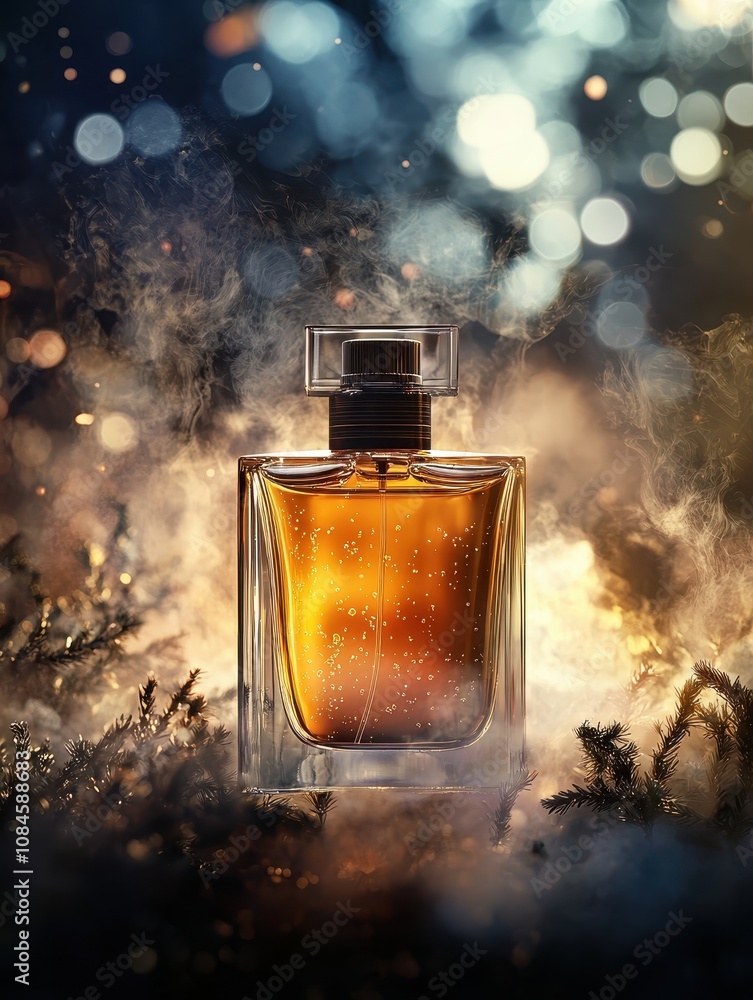 Elegant perfume bottle amidst glowing bokeh and smoky atmosphere, showcasing luxurious scent with warm amber tones surrounded by soft, ethereal light. Elegant perfume bottle amidst glowing bokeh and smoky atmosphere, showcasing luxurious scent with warm amber tones surrounded by soft, ethereal light.