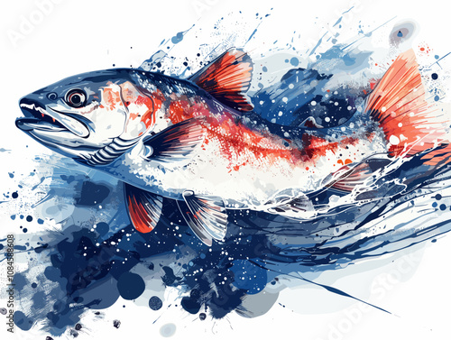 Illustration of a rainbow trout on a watercolor background with splashes.