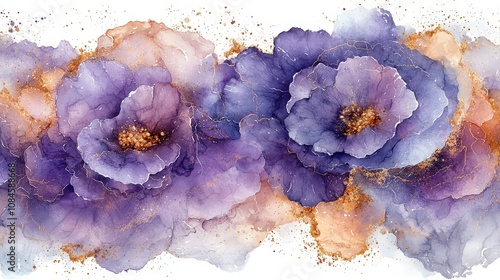 Fototapeta Naklejka Na Ścianę i Meble -  A vibrant watercolor illustration of purple flowers with soft hues and golden accents.