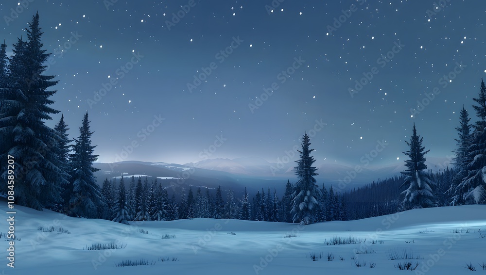 Winter night landscape featuring a snowy forest with fir branches, capturing the serene beauty of the season. Winter night landscape featuring a snowy forest with fir branches, capturing the serene beauty of the season.