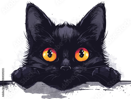 Black cat with big eyes. Vector illustration on a white background photo