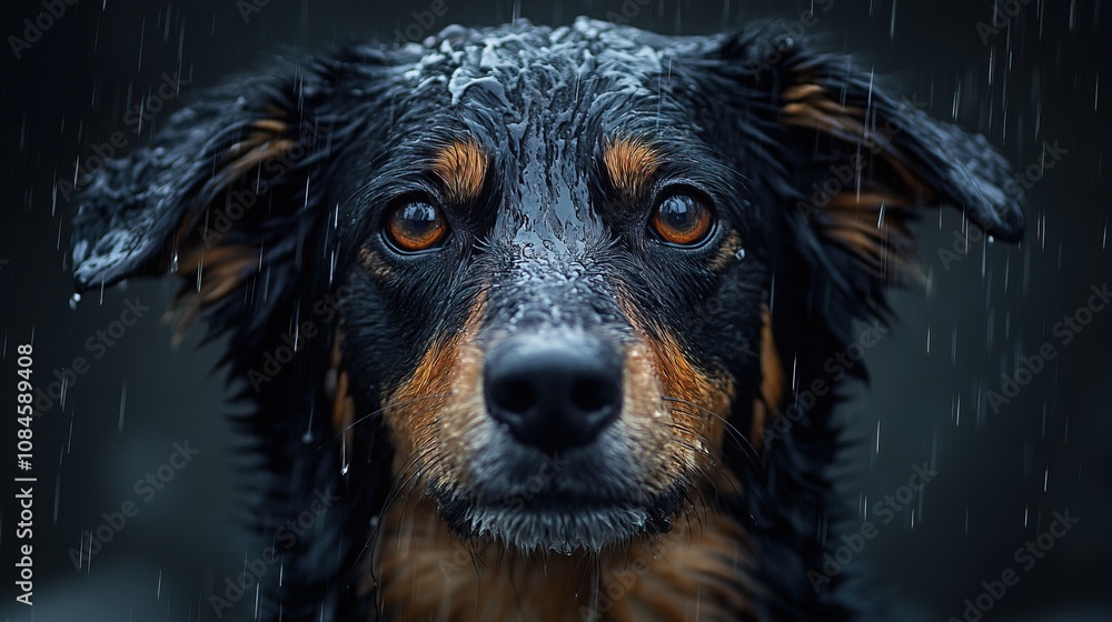 Fototapeta premium Dog Sad Look Under the Rain, Wet Fur