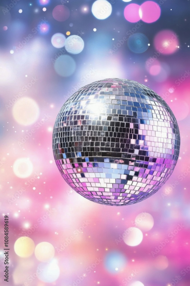 Obraz premium Shimmering disco ball with colorful bokeh background in a lively party atmosphere