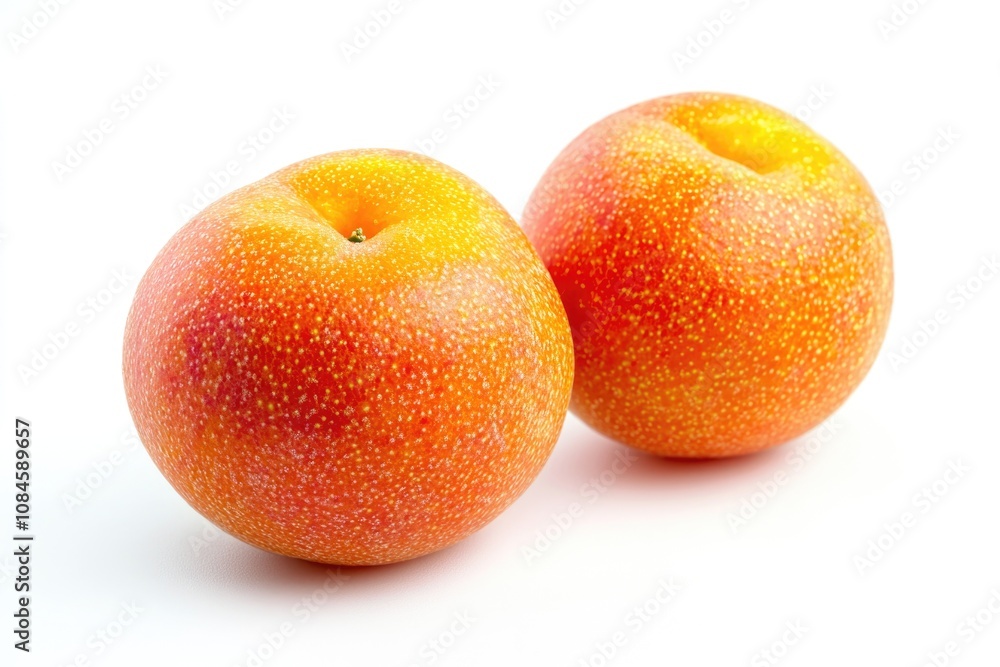 Two fresh oranges sitting together on a clean white surface Two fresh oranges sitting together on a clean white surface