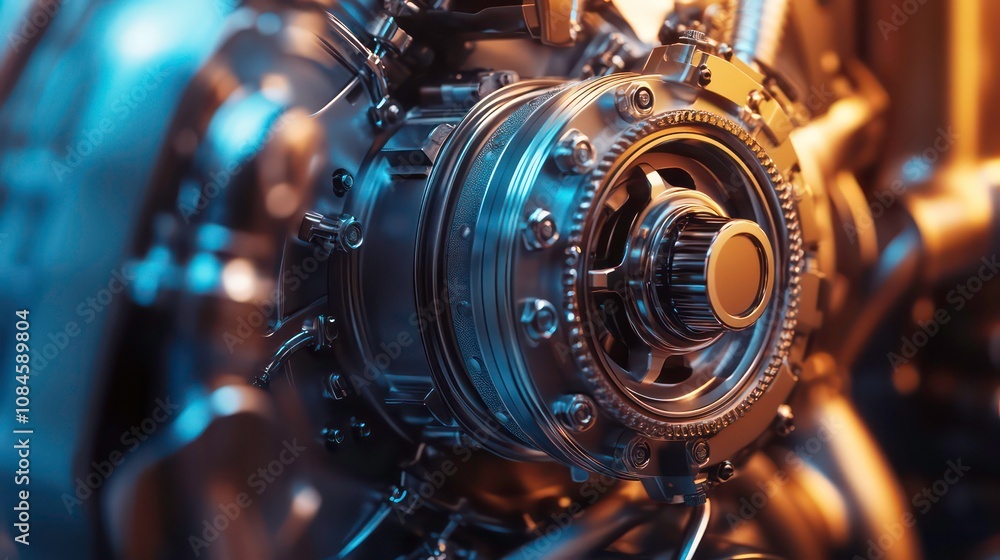 Closeup detailed view of powerful automotive engine mechanism with ...