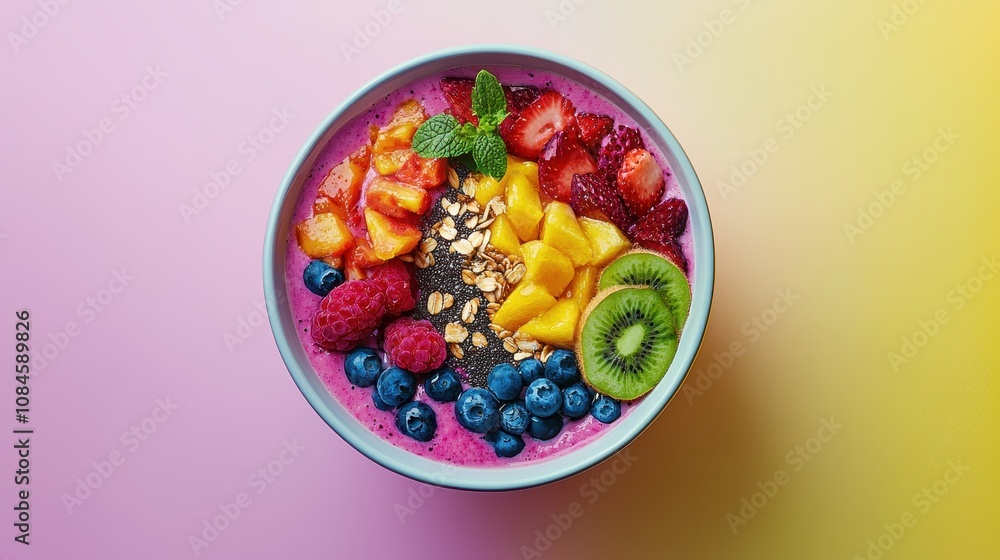 Colorful Smoothie Bowl with Fresh Fruits and Nuts on a Gradient Background, Featuring Raspberries, Mango, Blueberries, Kiwi, and Strawberries Colorful Smoothie Bowl with Fresh Fruits and Nuts on a Gradient Background, Featuring Raspberries, Mango, Blueberries, Kiwi, and Strawberries