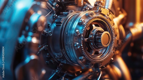 Closeup detailed view of powerful automotive engine mechanism with turbo and compressor elements Industrial engineering technology mechanical components and automotive design concept