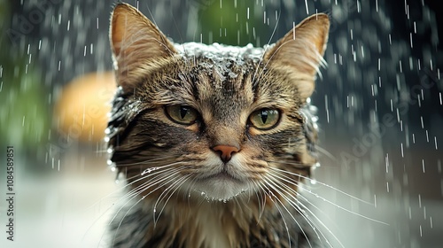 Cat Sad Look Under the Rain, Wet Fur 