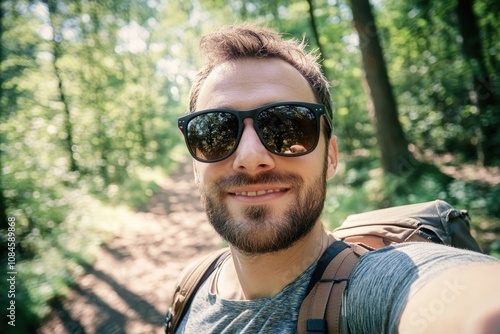 A person in the woods taking a selfie, likely for social media or personal use