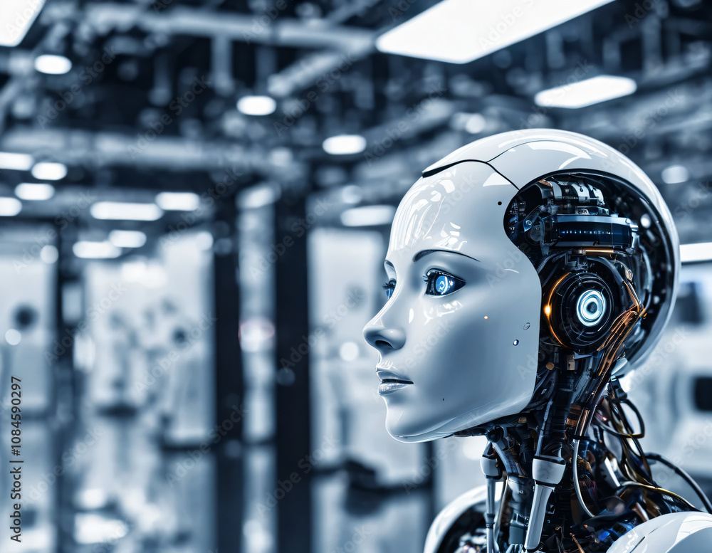 Highly detailed concept image of a futuristic android equipped with advanced technology and sophisticated artificial intelligence. The robot displays intricate machine structures and glowing circuits. Highly detailed concept image of a futuristic android equipped with advanced technology and sophisticated artificial intelligence. The robot displays intricate machine structures and glowing circuits.
