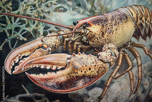 A close-up view of a lobster sitting on a rock, perfect for seafood or ocean-themed designs photo