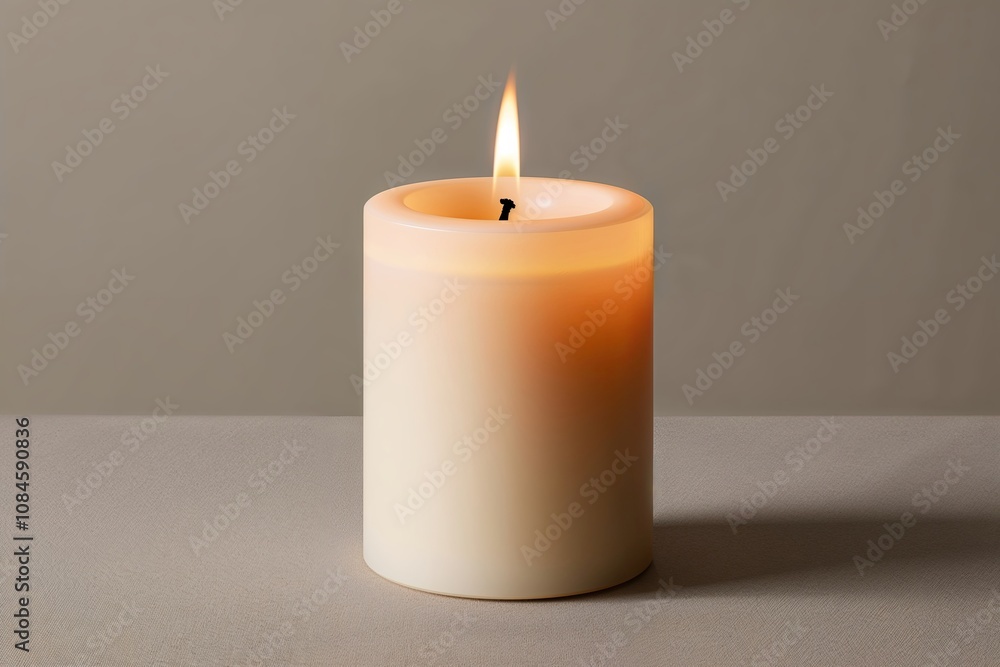 Contemporary Stylish Pillar Candle with Flame on Simple Neutral Background Contemporary Stylish Pillar Candle with Flame on Simple Neutral Background