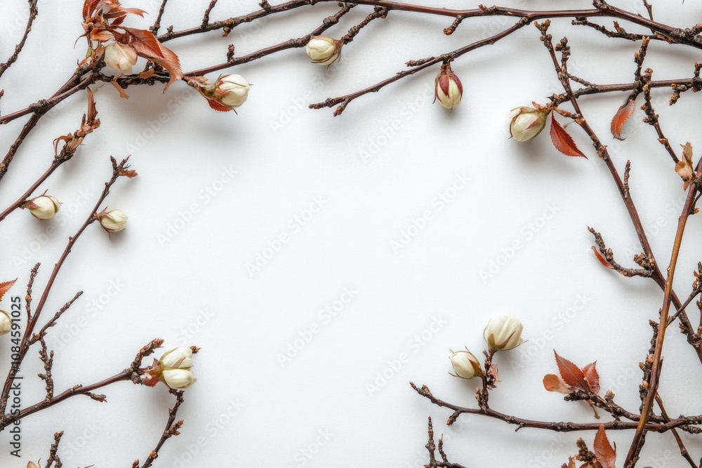 A simple white background filled with natural elements, featuring a variety of branches and colorful flowers A simple white background filled with natural elements, featuring a variety of branches and colorful flowers