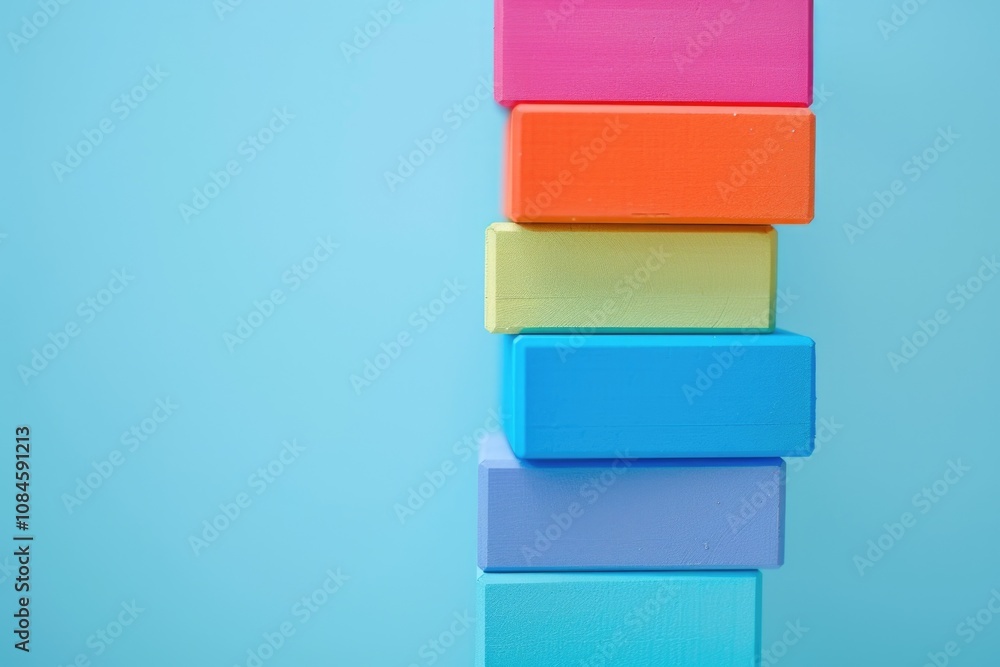 A stack of colorful building blocks against a blue background, perfect for educational or creative projects A stack of colorful building blocks against a blue background, perfect for educational or creative projects