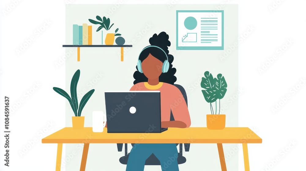 Fototapeta premium Woman Working on Laptop at Home Office, Surrounded by Green Plants and Organized Desk with Chart, Books, and Coffee Cup for Remote Work Environment