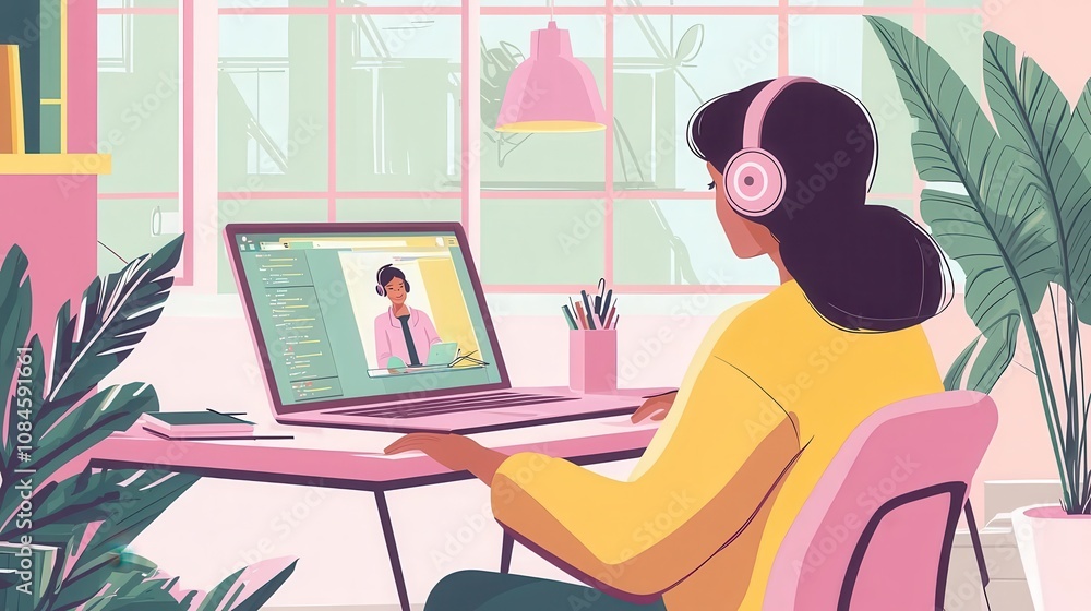 Young woman engaged in an online learning session, wearing headphones and focused on a laptop, surrounded by plants in a bright, modern workspace. Young woman engaged in an online learning session, wearing headphones and focused on a laptop, surrounded by plants in a bright, modern workspace.