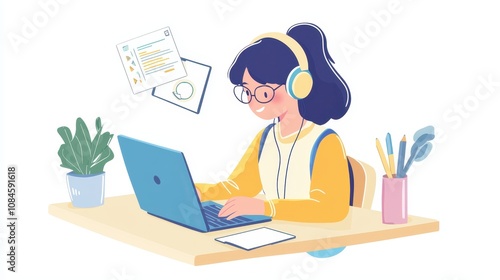 Young Woman Engaged in Online Learning at Home, Wearing Headphones and Using Laptop Amidst Stationery and Indoor Plant, Surrounded by Digital Elements