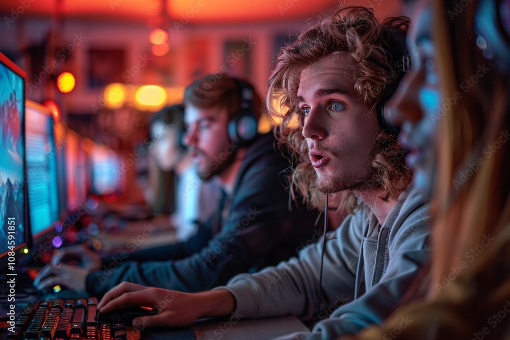 A group of young adults is focused on their screens in a gaming center, illuminated by colorful lighting A group of young adults is focused on their screens in a gaming center, illuminated by colorful lighting