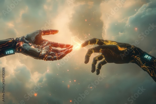 A reimagining of Michelangelo The Creation of Adam, where Adam is depicted as a humanoid robot. 