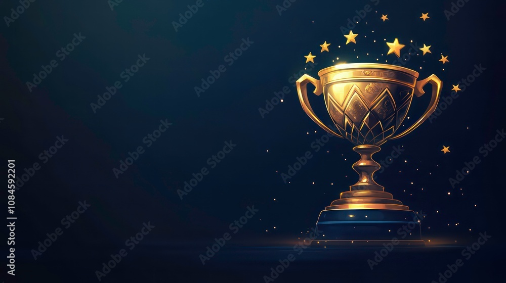 Champion golden trophy with gold stars on blue dark background. Champion golden trophy with gold stars on blue dark background.
