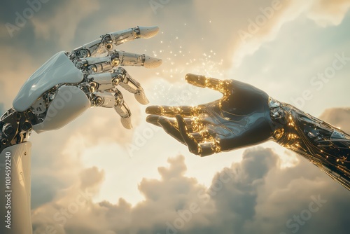 A reimagining of Michelangelo The Creation of Adam, where Adam is depicted as a humanoid robot. 