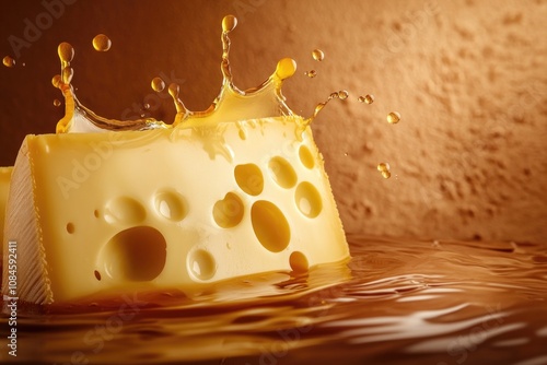 A piece of cheese with a splash of liquid on it photo