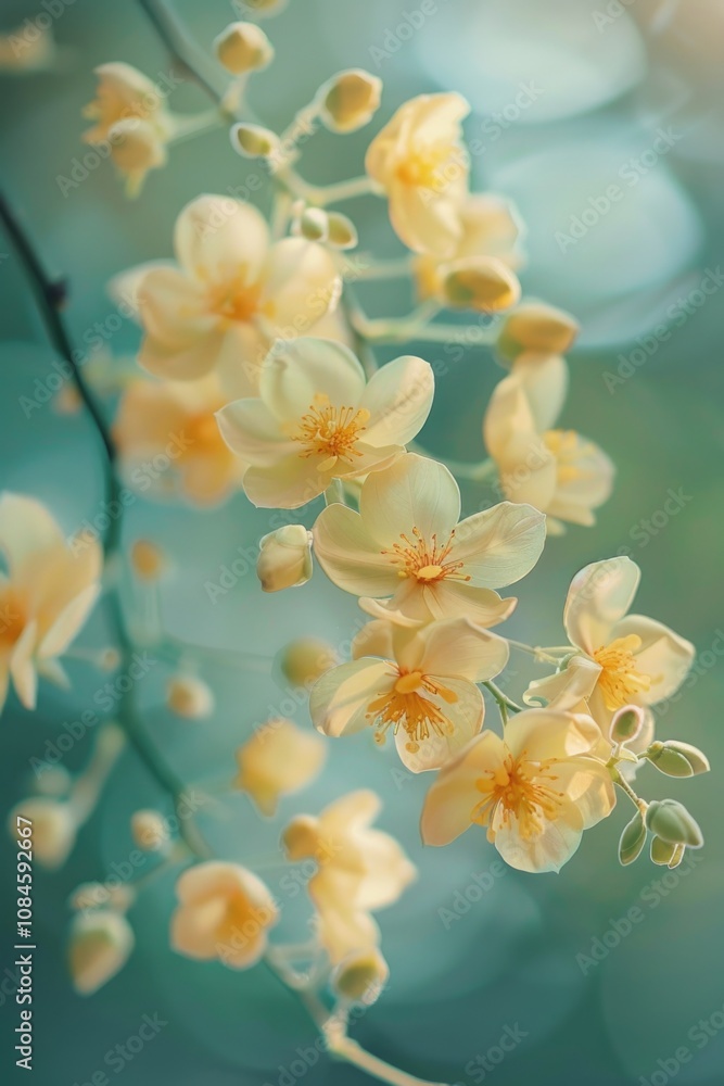 Close-up view of a bunch of bright yellow flowers on a single branch, perfect for spring or summer themes Close-up view of a bunch of bright yellow flowers on a single branch, perfect for spring or summer themes