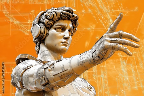 a Renaissance composition including Michelangelo's David face with short hair wearing DJ headphones in the middle trying to reach up the sky with his hand, fyling music notes