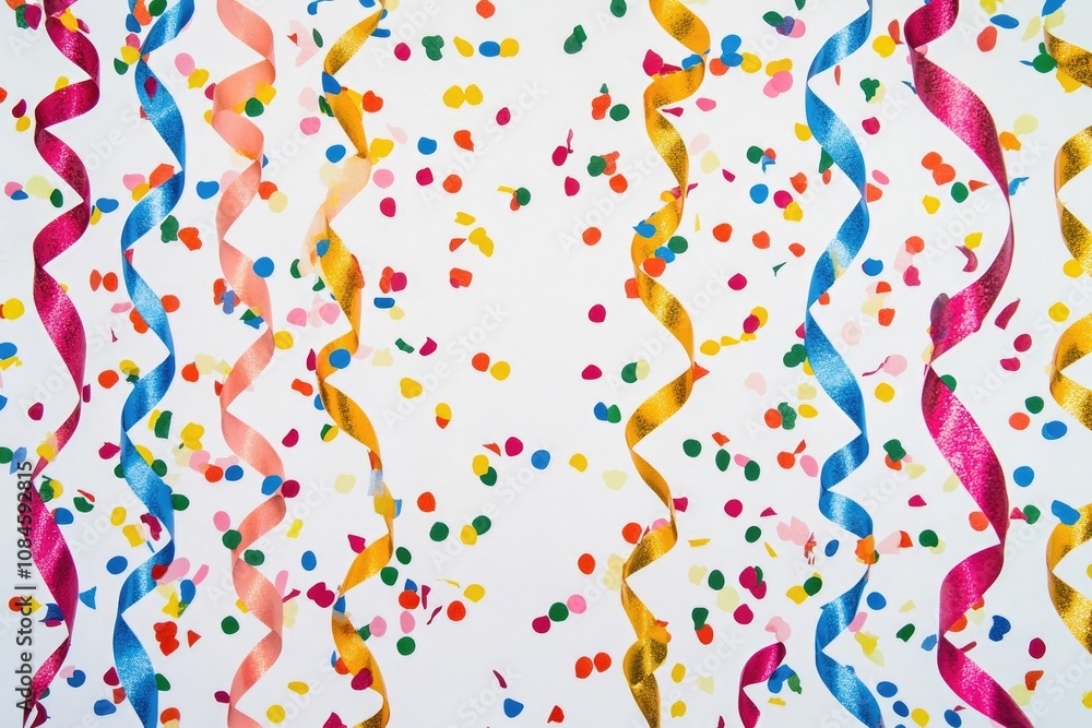 Brightly colored streamers and confetti on a white background for celebrations, parties, or marketing materials Brightly colored streamers and confetti on a white background for celebrations, parties, or marketing materials