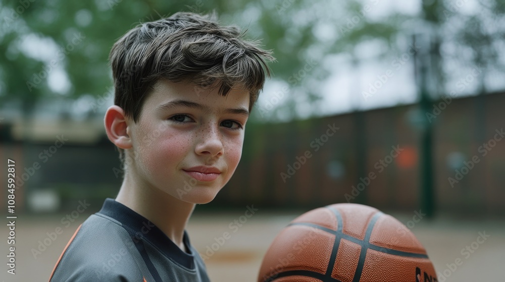 Young boy holding a basketball on a court Young boy holding a basketball on a court