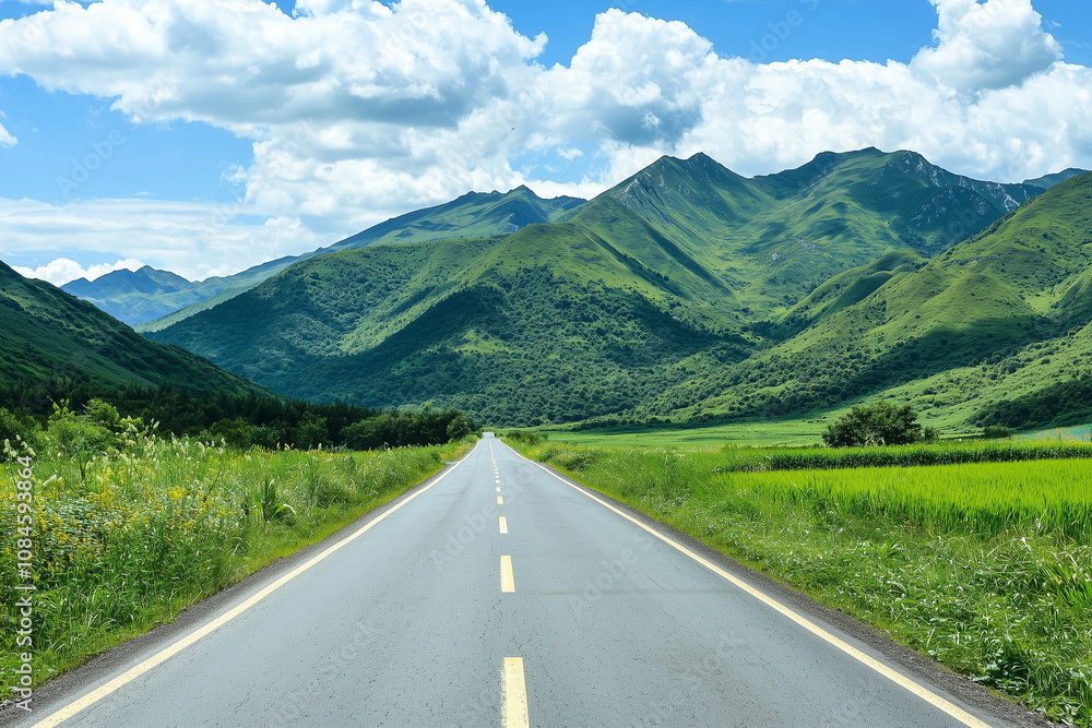 Fototapeta premium Serene Mountain Road Trip Through Lush Landscapes