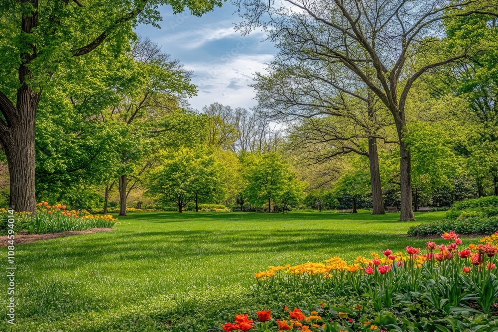 Lush green park with plenty of flowers, perfect for spring or summer scenes Lush green park with plenty of flowers, perfect for spring or summer scenes