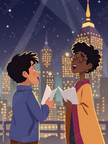 Against the backdrop of glittering city lights the poets take turns reciting their powerful verses. 2d flat cartoon. photo