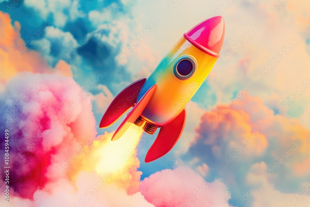 A colorful rocket soaring through the blue sky with contrails A colorful rocket soaring through the blue sky with contrails