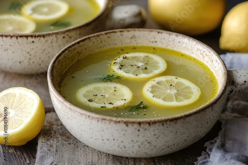 A warm bowl of lemon soup with fresh herbs, great for a cozy evening or a healthy snack