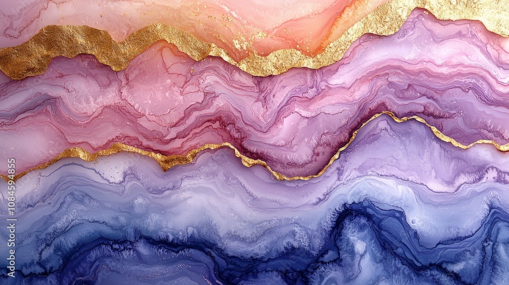 Abstract art featuring flowing colors and gold accents in a layered design. Abstract art featuring flowing colors and gold accents in a layered design.