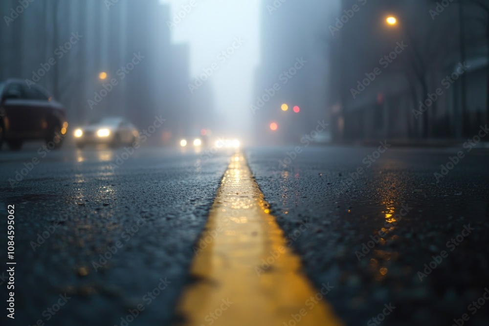 Urban road with a distinctive yellow centerline, suitable for illustrations about traffic or infrastructure Urban road with a distinctive yellow centerline, suitable for illustrations about traffic or infrastructure