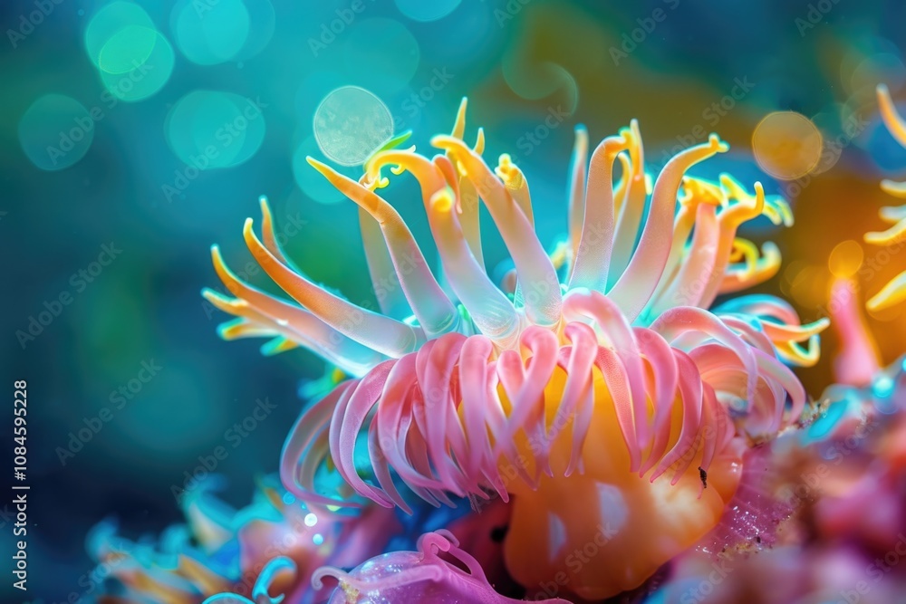 A detailed view of a pink and yellow sea anemone, often found in coral reefs A detailed view of a pink and yellow sea anemone, often found in coral reefs
