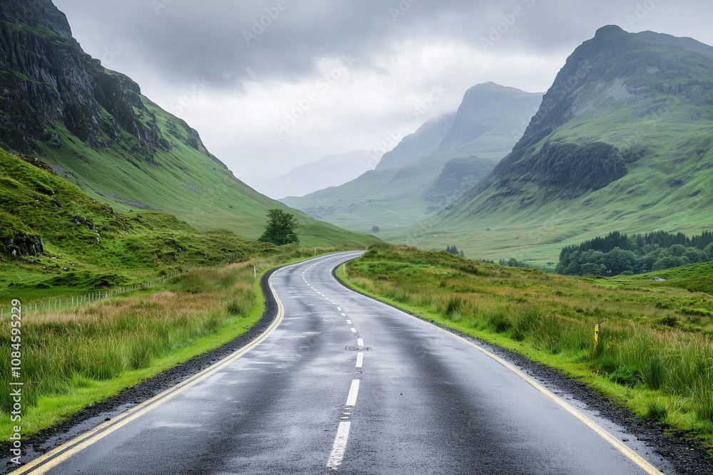 Naklejka premium Serene Mountain Road Through Lush Valley