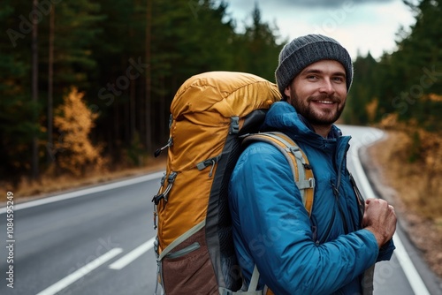 A person carrying a backpack walks down a road, possibly going on an adventure