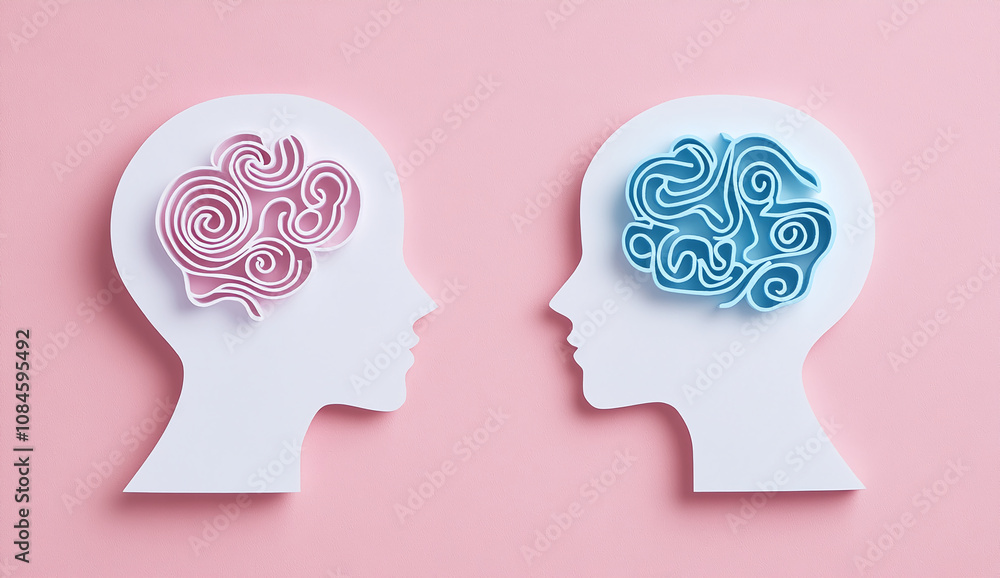 Two paper cutouts of human heads on a pink background depict creative minds with colorful swirls representing thoughts and emotions in a playful style Two paper cutouts of human heads on a pink background depict creative minds with colorful swirls representing thoughts and emotions in a playful style