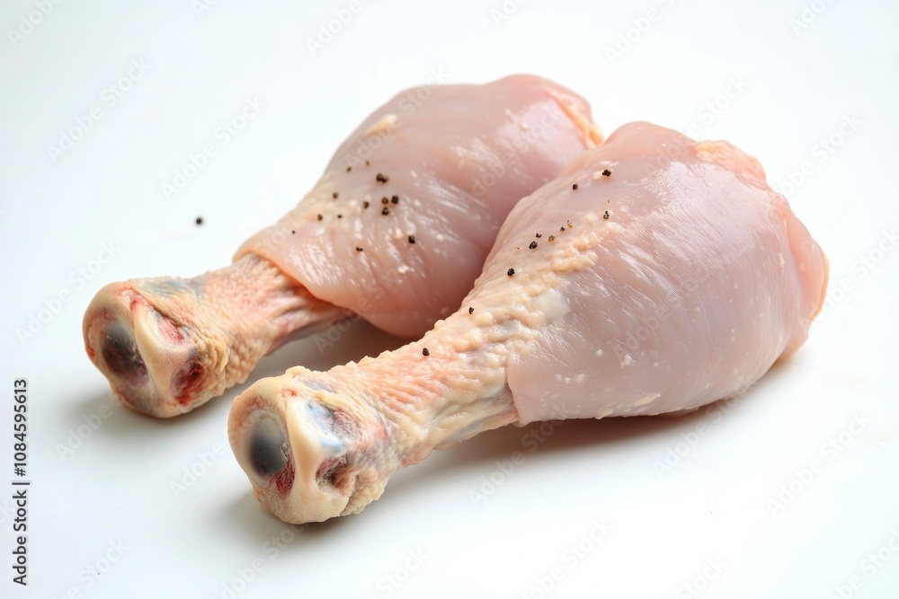 Close-up of two uncooked chicken legs on a white background, suitable for food or kitchen-related themes Close-up of two uncooked chicken legs on a white background, suitable for food or kitchen-related themes