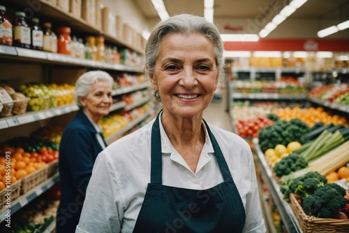 Close portrait of a smiling senior Albanian female grocer standing and looking at the camera, Albanian grocery store blurred background