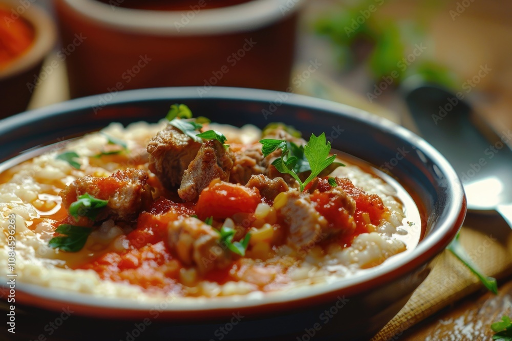 A warm bowl of homemade soup filled with tender meat and colorful vegetables A warm bowl of homemade soup filled with tender meat and colorful vegetables