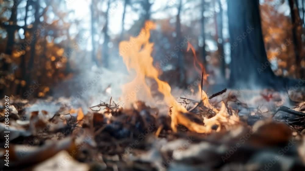 Burning leaves in forest during autumn, creating wildfire risk. Fiery scene shows danger of fire, with orange hues contrasting woods. Fall brings risk of wildfires due to climate change Burning leaves in forest during autumn, creating wildfire risk. Fiery scene shows danger of fire, with orange hues contrasting woods. Fall brings risk of wildfires due to climate change